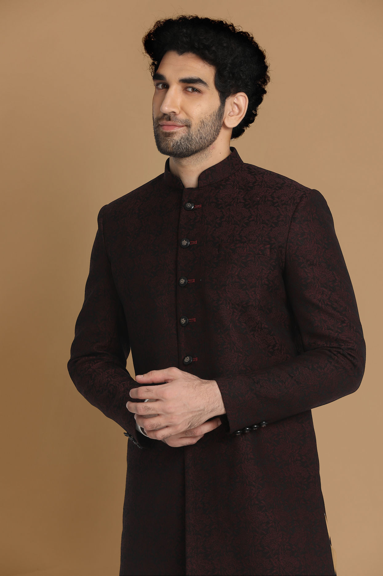 alt message - Manyavar Men Striking Maroon Indo-Western image number 0